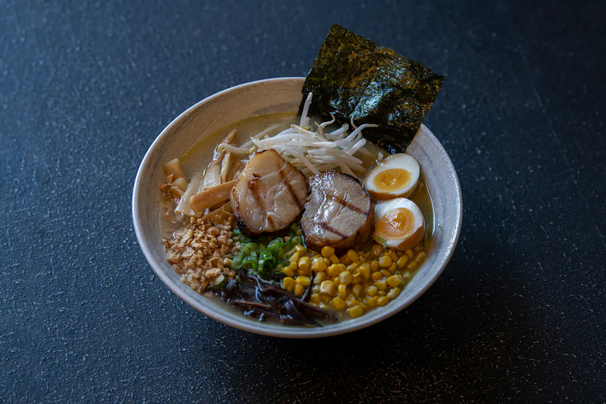 Bowl of ramen with chashu pork, soft-boiled eggs, and seaweed at Shiki Sushi，a Japanese Restaurant in Santa Rosa